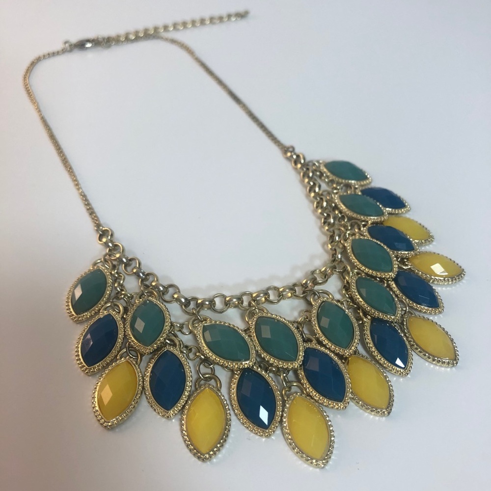 Gold Chain / Blue and Yellow Beaded Necklace
